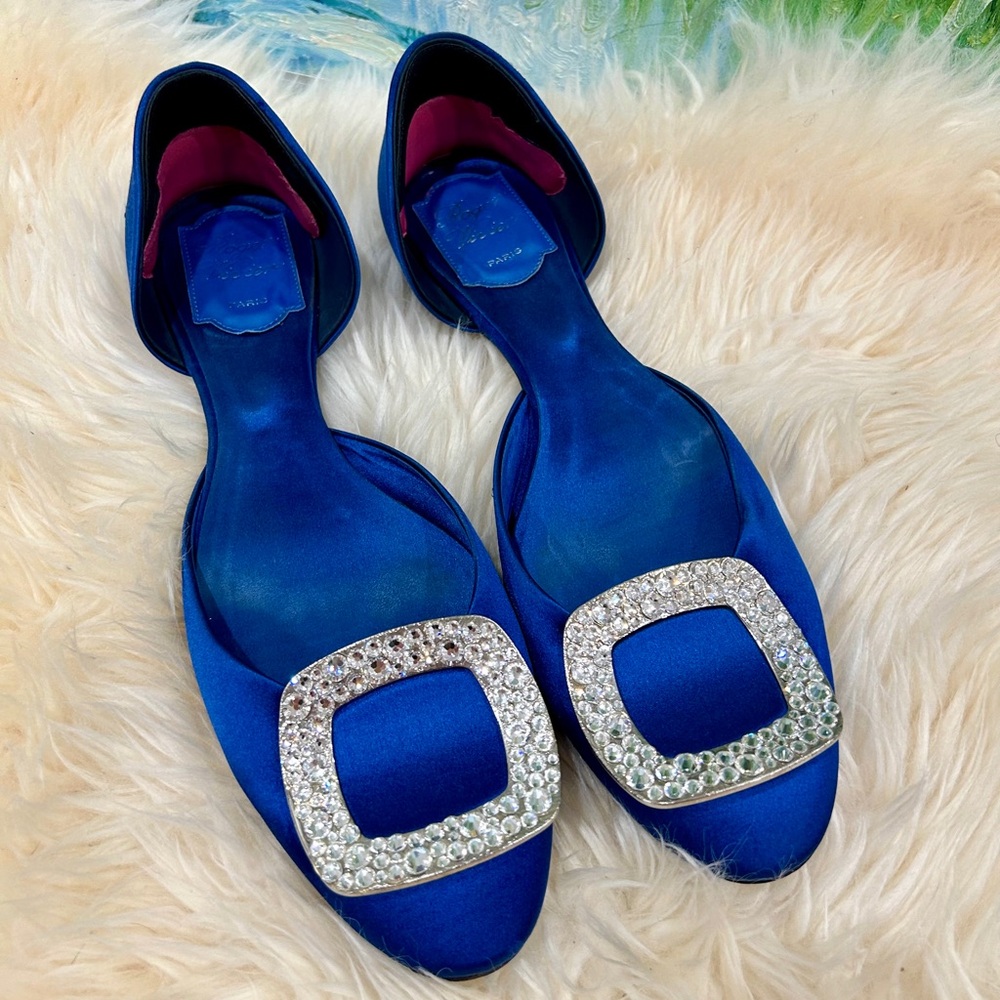 Roger Vivier Size 37 Blue Satin Rhinestone Buckle Detail Flats